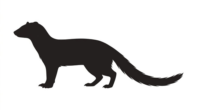 Black silhouette standing mongoose facing left isolated against plain white background for wildlife graphic design projects