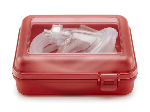 red cpr pocket mask in hard plastic case first aid equipment isolated on transparent background