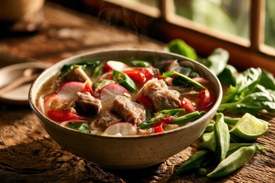 Cozy home kitchen scene featuring a tangy pork sinigang bowl with fresh vegetables