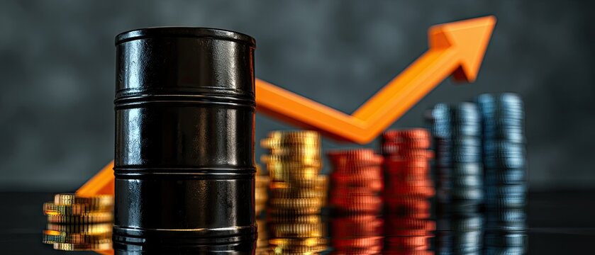 Conceptual 3d render showing oil drum and economic data with an upward trend and colorful charts on a dark background