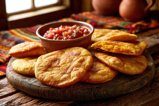 Cozy kitchen scene featuring pumpkin sopaipillas and a side of salsa