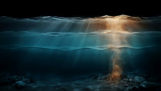 Underwater view looking up toward the surface with dramatic sun rays piercing through blue ocean waves underwater environment