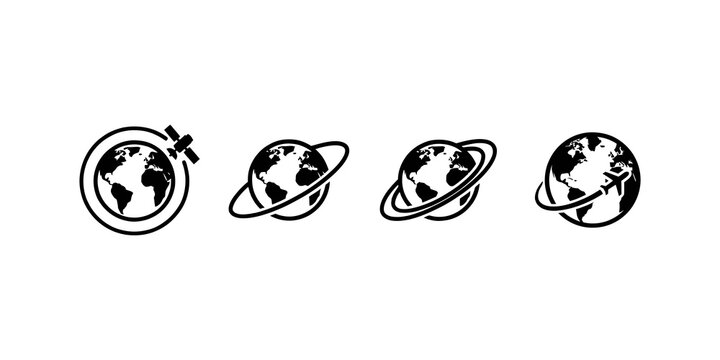 Earth Satellite Orbit Icon Collection With Minimal Black Silhouette Symbols For Space Communication Astronomy And Global Connectivity