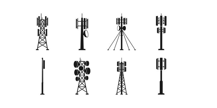 Cellular Communication Tower Icon Set With Minimal Black Silhouette Symbols For Mobile Network Telecommunications And Wireless Connectivity