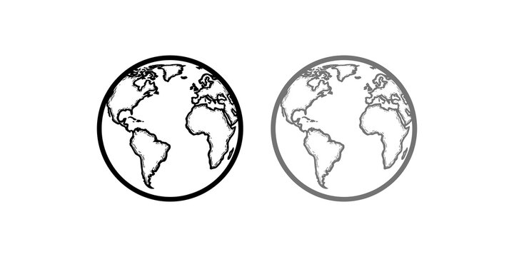 World Map Globe Icon Collection With Black And Gray Outline Earth Maps For Global Geography Travel Education Environment And International Business Design