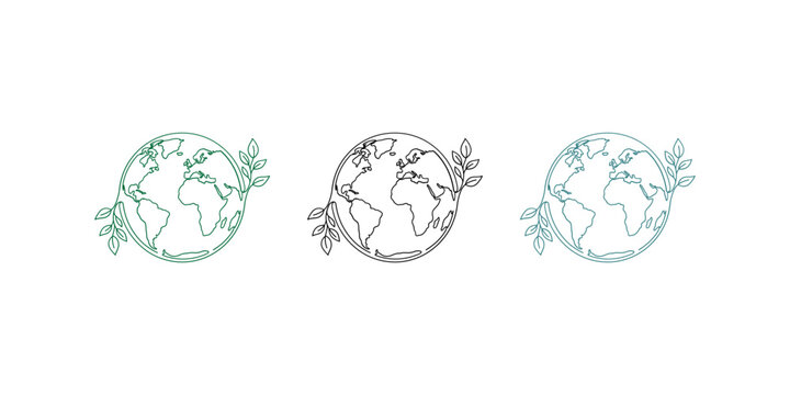 Earth Globe Vector Collection With Minimal Outline World Map And Botanical Leaf Elements For Environmental Sustainability Nature Ecology And Global Awareness Design