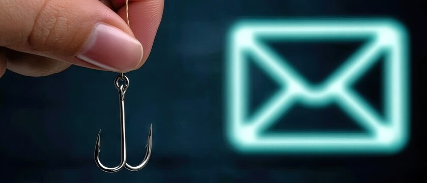 Email phishing concept showing a hook and envelope graphic in dark setting