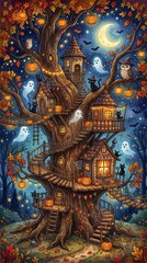 Fototapeta premium Whimsical halloween treehouse with glowing pumpkins, friendly ghosts, and black cats under a crescent moon in an enchanted autumn forest at night