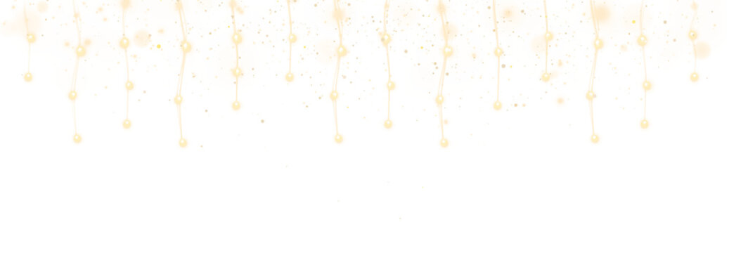 Golden Festive Hanging Lights with Sparkles and Glowing Bokeh Border Isolated on Transparent Background