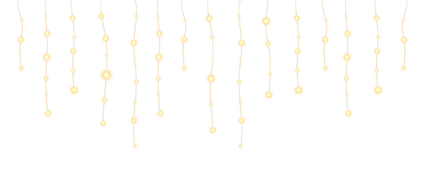 Golden Hanging String Lights Border with Glowing Bulbs Isolated on Transparent Background