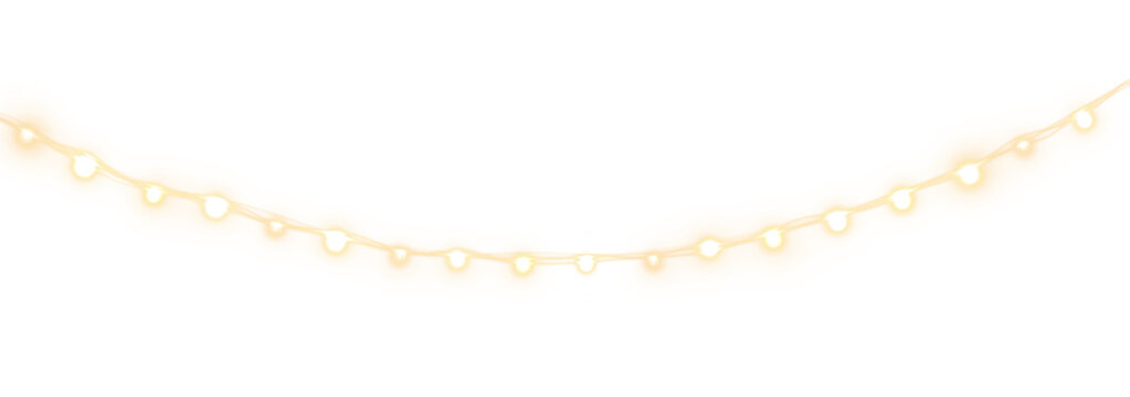 Curved Golden Glowing String Lights Garland Isolated on Transparent Background