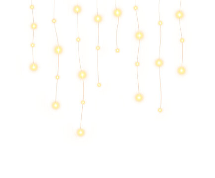 Hanging Golden Glowing Lights with Sparkling Orbs Isolated on Transparent Background