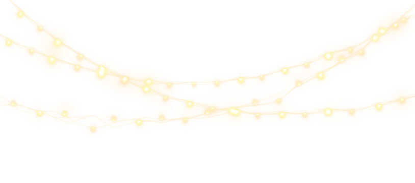 Golden Glowing String Light Garlands with Bright Festive Illumination Isolated on Transparent Background