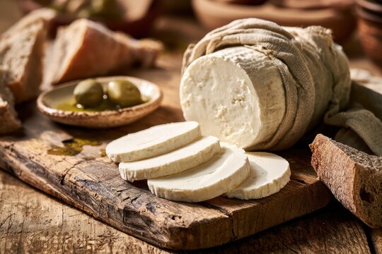 Creamy white goat cheese wheel from a Turkish dairy, wrapped in cloth on a rustic table