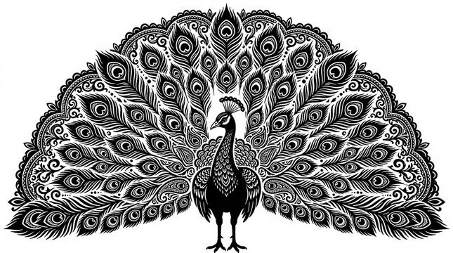 Ornate peacock silhouette displaying intricate feathers against a clean white background for decorative graphic design projects with symmetrical decorative pattern