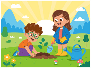 Fototapeta premium Cute Cartoon Children Planting a Tree in Meadow at Sunrise with Shovel and Watering Can for Earth Day Vector Illustration Design