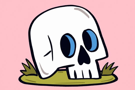 Cartoon skull on grass for Halloween autumn illustration