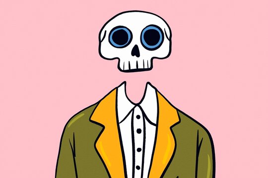 Halloween skeleton in yellow and green jacket on pink
