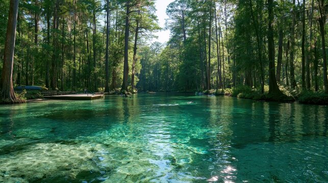 Crystal-clear spring water at Ginnie Springs, Florida, with sunlit turquoise pools