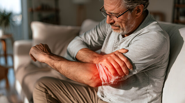 Man seated on sofa holding elbow with red pain signal indicating discomfort in living room setting