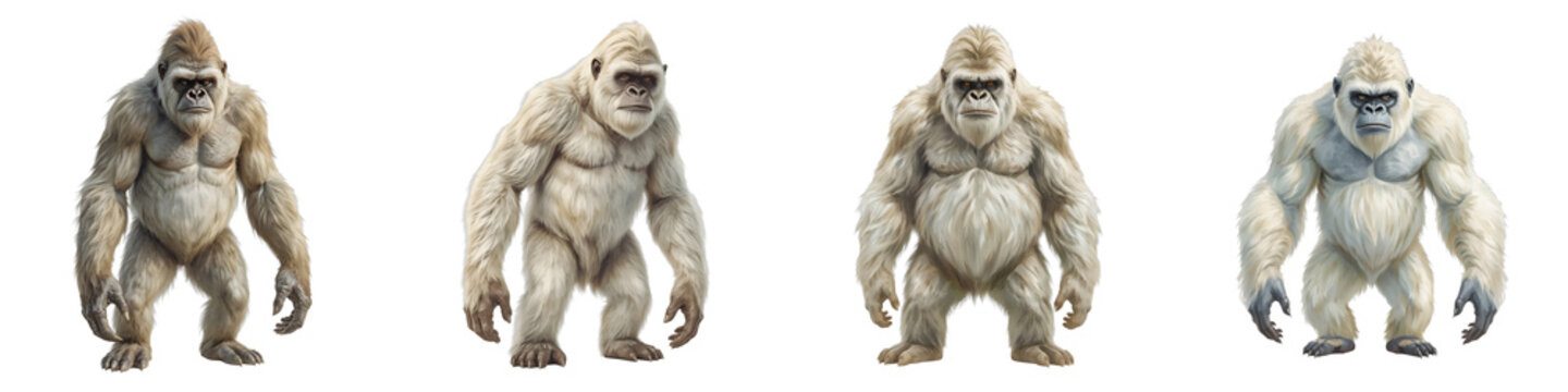 Four white gorillas stand on a plain black backdrop showing slight color variations