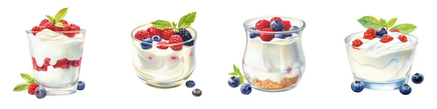 Watercolor painting of yogurt parfaits with fresh berries and granola on a black background