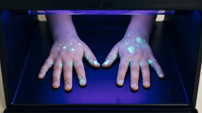 Hands showing glowing fluorescent germs under ultraviolet light for educational hygiene demonstration in a medical or clinical science setting
