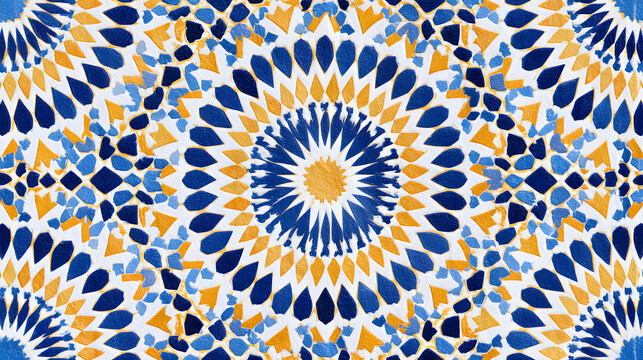 Moorish tile texture featuring intricate geometric patterns in blue, white, and yellow hues