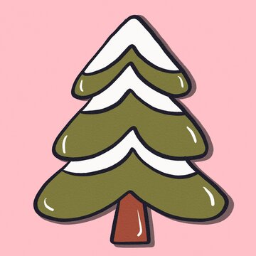 Christmas tree illustration on pastel pink background