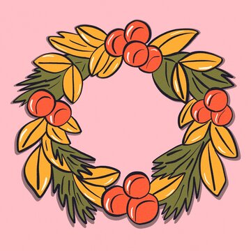 Christmas wreath illustration with berry and leaf ornament