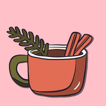 Christmas cocoa mug with cinnamon and evergreen sprig