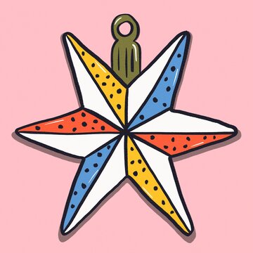 Colorful Christmas star ornament on pink background
