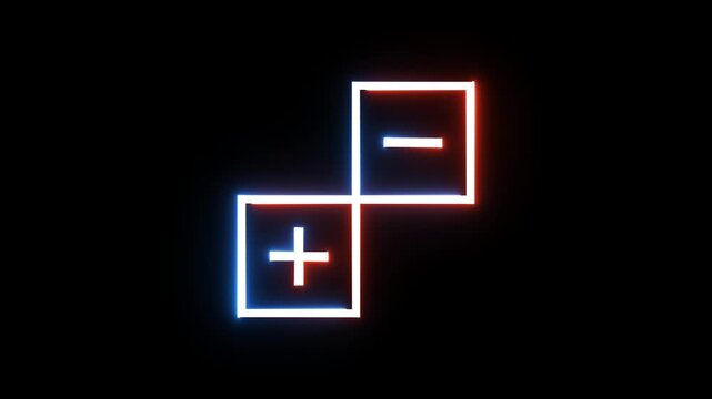 Plus and minus signs glowing neon animation on black background for digital user interface.