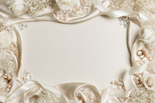Elegant Wedding Background with White Roses, Silk and Wedding Rings
