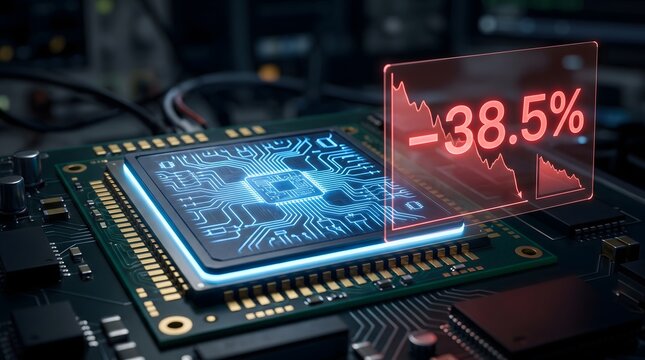 Advanced computer microprocessor unit displays a glowing red holographic financial data chart showing a sharp percentage decline for economic analysis