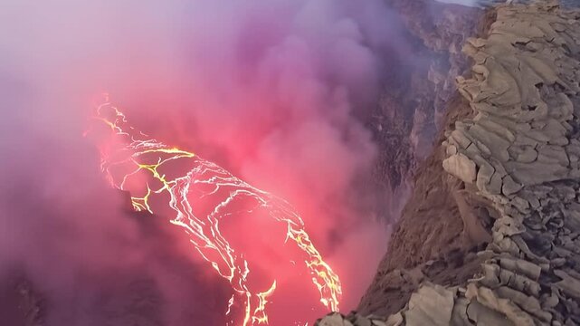 Erta Ale volcano Danakil Depression Ethiopia, eruption. Aerial view.
