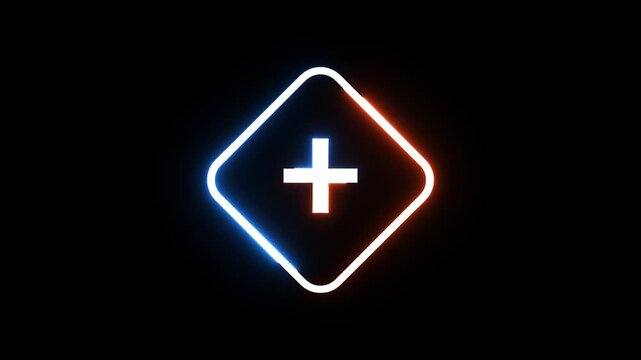 Glowing plus sign animation with neon rounded square outline on solid black background loop.