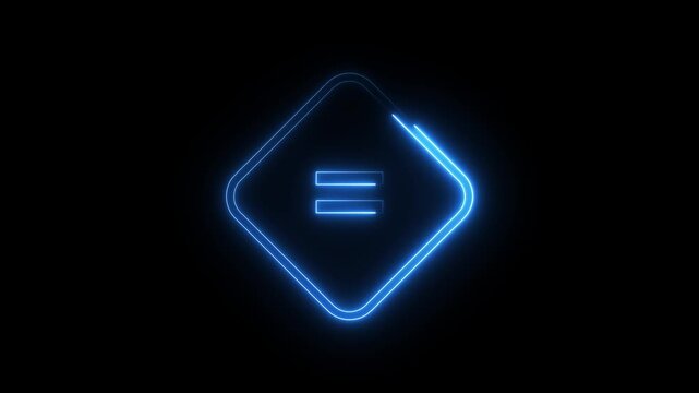 Neon blue equal sign glowing inside a diamond shape against a solid black background loop.