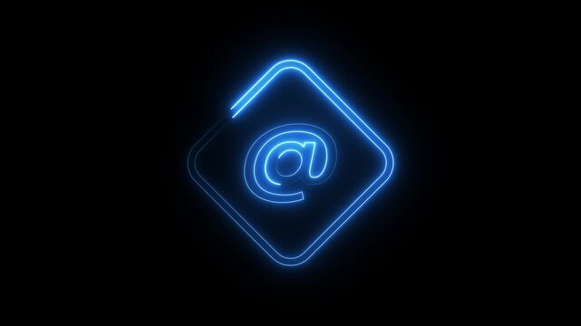 Email at symbol neon glowing blue light animation on black background for digital contact.