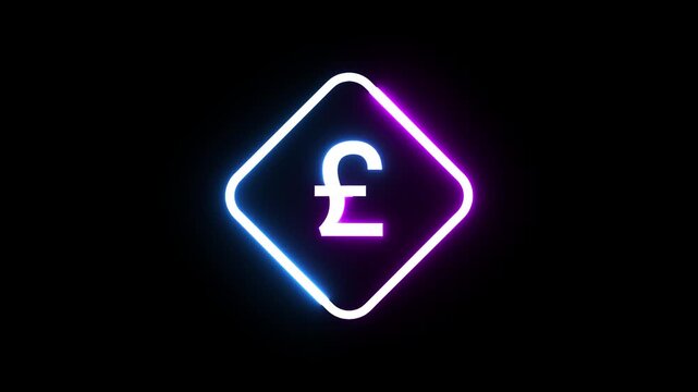 Neon glowing pound currency sign rotating inside rhombus shape dark background motion art.