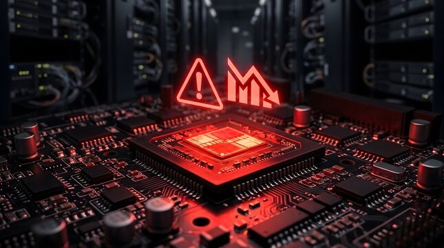Glowing red digital warning symbol and falling financial graph icon hovering above a complex black computer circuit board motherboard processor
