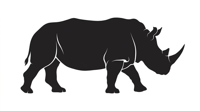 Minimalist black silhouette of walking rhinoceros isolated on white background for vector graphic design projects with rhinoceros side profile