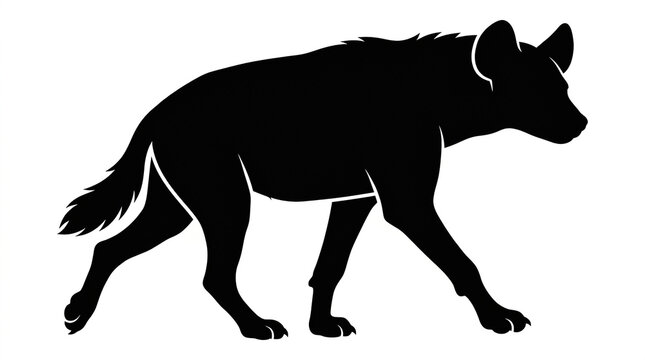 Minimalist black silhouette graphic featuring a walking spotted hyena isolated on clean white background with walking forward with forward against plain