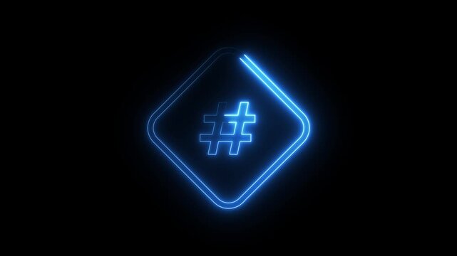 Neon blue hashtag symbol glowing inside rounded square frame on black background animation.