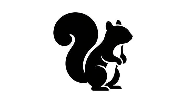 Minimalist black silhouette of a standing squirrel featuring a large bushy tail design element with displays clean minimalist background vector graphic