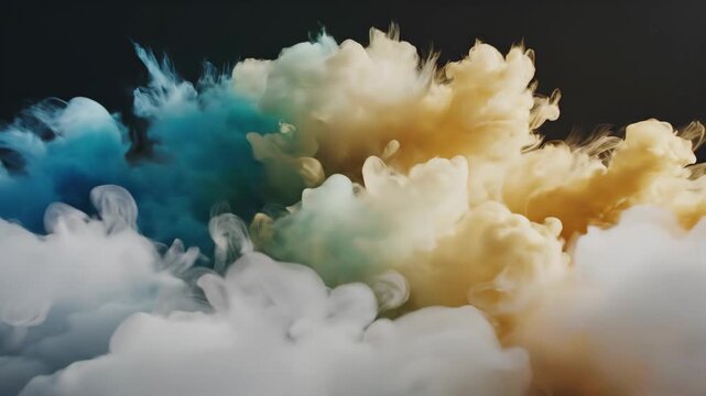 Blue and golden smoke swirling together on black background. Abstract artistic vapor mixing for creative design. Cinematic flowing fog effect for visual motion.