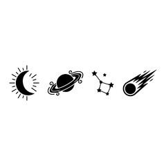 Four black silhouette celestial featuring a crescent moon, a ringed planet, a star constellation, and a comet on a white background © alifa