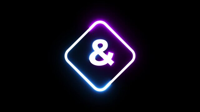 Ampersand symbol glowing inside blue and purple neon diamond frame on black background loop.