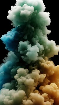 Abstract artistic vapor mixing for creative design. Cinematic flowing fog effect for visual motion. Blue and golden smoke swirling together on black background. 