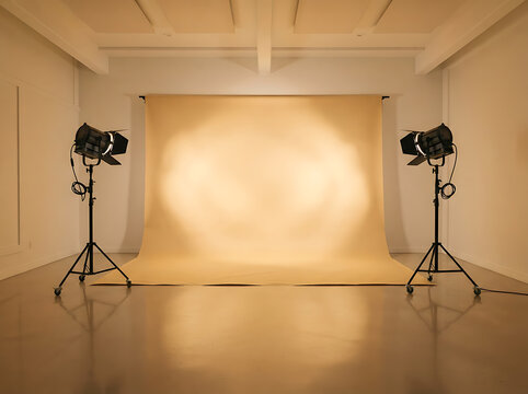 Professional photography studio with beige backdrop and studio lighting equipment setup